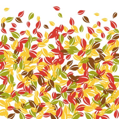 Sonbahar yaprakları dökülüyor. Kırmızı, sarı, yeşil, kaotik yapraklar uçuşuyor. Garip beyaz arka planda rengarenk yapraklar. Harika, okul satışına geri döndük..