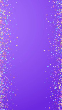 Şenlik klas konfeti. Kutlama yıldızları. Mor arka planda yoğun renkli yıldızlar. Güzel bir şablon. Dikey vektör arkaplanı.