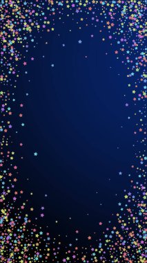 Şenlikli yaratıcı konfeti. Kutlama yıldızları. Koyu mavi arka planda yoğun renkli yıldızlar. Uygun bir şablon. Dikey vektör arkaplanı.