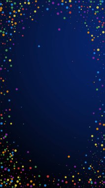 Büyüleyici bir konfeti. Kutlama yıldızları. Koyu mavi arka planda renkli konfeti. Uygun bir şablon. Dikey vektör arkaplanı.