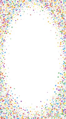 Şenlikli güçlü konfeti. Kutlama yıldızları. Beyaz arka planda gökkuşağı konfetisi. Uygun bir şablon. Dikey vektör arkaplanı.