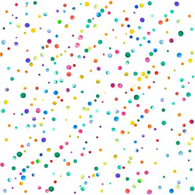 Beyaz arka planda suluboya konfeti. Gerçek gökkuşağı renkli noktalar. Mutlu kare renkli parlak kartlar. Büyüleyici bir el boyaması konfeti.