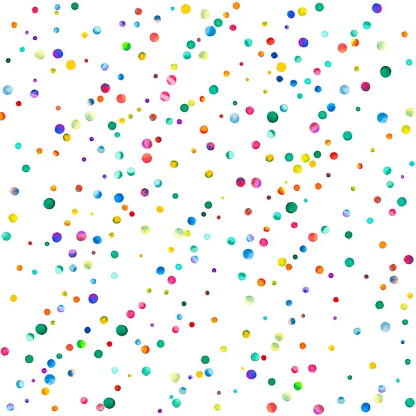 Beyaz arka planda suluboya konfeti. Gerçek gökkuşağı renkli noktalar. Mutlu kare renkli parlak kartlar. Büyüleyici bir el boyaması konfeti.