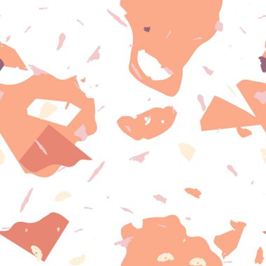 Terrazzo kusursuz desen. Taşlı turuncu gerçekçi mermer dokusu. Doğal taşlardan, granitten, kuvarstan, mermerden, betondan yapılmış arka plan. Terrazzo pürüzsüz desenli serin renklerde. 