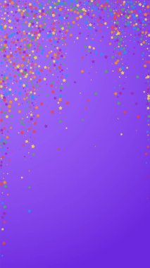 Şenlikli seçkin konfeti. Kutlama yıldızları. Gökkuşağı parlak yıldızları menekşe arka planda. Büyüleyici şablon şablonu. Dikey vektör arkaplanı.