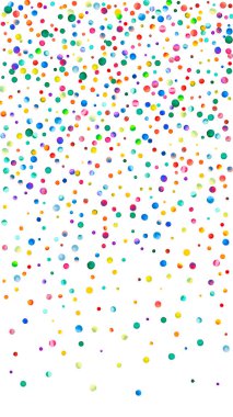 Beyaz arka planda suluboya konfeti. Çekici gökkuşağı renkli noktalar. Mutlu kutlamalar yüksek renkli parlak kart. Elle boyanmış konfeti getiriliyor..