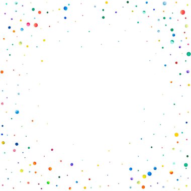 Beyaz arka planda suluboya konfeti. Takdire şayan gökkuşağı renkli noktalar. Mutlu kare renkli parlak kartlar. Muhteşem bir el boyaması konfeti.