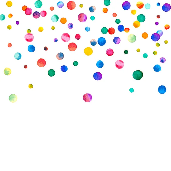 白い背景に水彩のコンフェッティ 虹色のドットが目を引く ハッピーお祝い広場カラフルな明るいカード 手描きのコンフェッティ — ストック写真