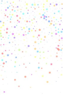 Şenlik klas konfeti. Kutlama yıldızları. Beyaz arka planda rastgele seçilmiş renkli yıldızlar. Muhteşem şablon şablonu. Dikey vektör arkaplanı.