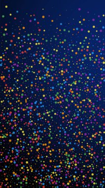 Neşeli, antika konfeti. Kutlama yıldızları. Koyu mavi arka planda renkli konfeti. Zarif bir şablon. Dikey vektör arkaplanı.