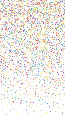 Egzotik konfeti. Kutlama yıldızları. Beyaz arka planda parlak gökkuşağı yıldızları. İdeal şablon şablonu. Dikey vektör arkaplanı.