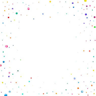 Beyaz arka planda suluboya konfeti. Takdire şayan gökkuşağı renkli noktalar. Mutlu kare renkli parlak kartlar. Uygun elle boyanmış konfeti..