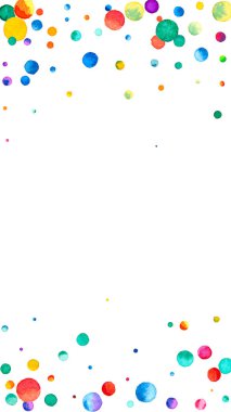 Beyaz arka planda suluboya konfeti. Canlı gökkuşağı renkli noktalar. Mutlu kutlamalar yüksek renkli parlak kart. Kıymetli el boyalı konfeti..