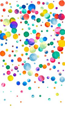 Beyaz arka planda suluboya konfeti. Çekici gökkuşağı renkli noktalar. Mutlu kutlamalar yüksek renkli parlak kart. Büyük el konfeti boyadı.