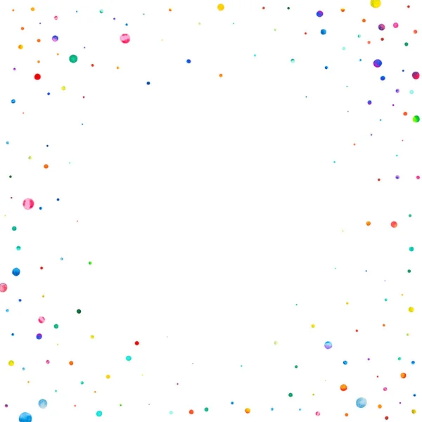 白い背景に水彩のコンフェッティ 虹色のドットが目を引く ハッピーお祝い広場カラフルな明るいカード 最適な手塗りのコンフェッティ — ストック写真