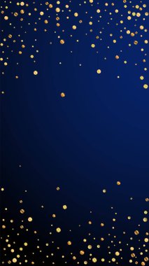 Ekstra şenlikli konfeti. Kutlama yıldızları. Koyu mavi arka planda nadir bulunan altın konfetileri. Güzel görünümlü bir şablon. Dikey vektör arkaplanı.