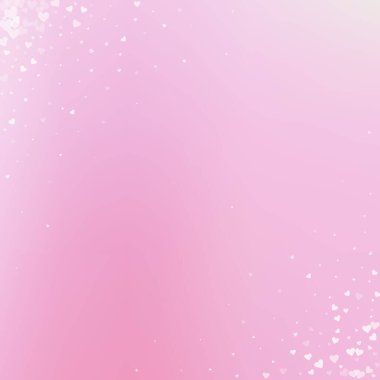 Beyaz kalp konfetileri sever. Sevgililer Günü köşesinde olağanüstü bir geçmiş. Gradyan arka planda şeffaf kalp konfetileri düşüyor. Kendinden geçmiş vektör çizimi.