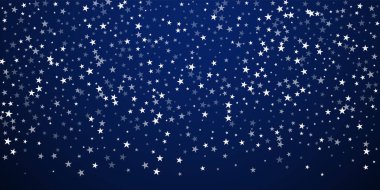 Yılbaşı arka planında rastgele düşen yıldızlar. İnce uçan kar taneleri ve koyu mavi gece arka planındaki yıldızlar. Güzelim kış gümüşü kar tanesi şablonu örtüyor. Şaşırtıcı vektör illüstrasyonu.