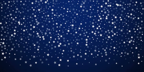 Yılbaşı arka planında rastgele düşen yıldızlar. İnce uçan kar taneleri ve koyu mavi gece arka planındaki yıldızlar. Güzelim kış gümüşü kar tanesi şablonu örtüyor. Şaşırtıcı vektör illüstrasyonu.