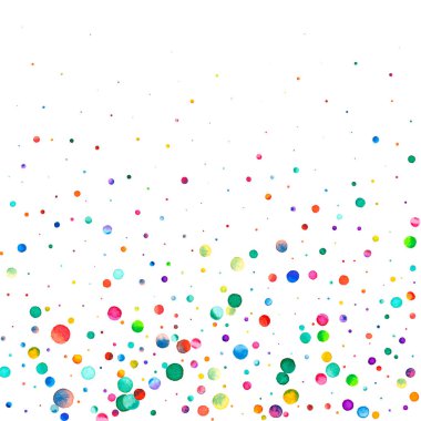 Beyaz arka planda suluboya konfeti. Takdire şayan gökkuşağı renkli noktalar. Mutlu kare renkli parlak kartlar. Büyüleyici el boyaması konfeti.