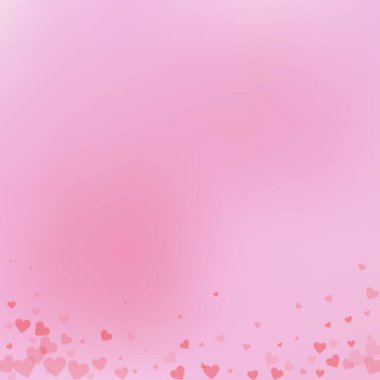 Kırmızı kalp konfetileri sever. Sevgililer Günü gradyanı etkileyici bir geçmiş. Şeffaf kalp konfetileri yumuşak arka planda. Enfes vektör çizimi.