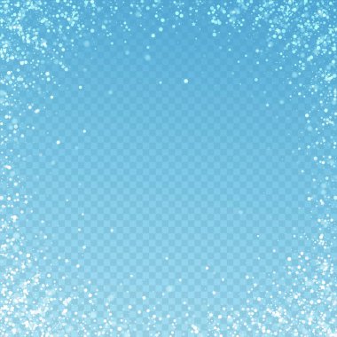 Sihirli yıldızlar Noel arka planı. İnce uçan kar taneleri ve mavi şeffaf arkaplanda yıldızlar. Eğlenceli kış gümüşü kar taneleri şablonu örtüyor. İnce vektör illüstrasyonu.