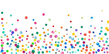 Beyaz arka planda suluboya konfeti. Sevimli gökkuşağı renkli noktalar. Rengarenk parlak kartın kutlu olsun. Mükemmel elle boyanmış konfeti..