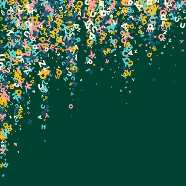 İngilizce 'nin harfleri düşüyor. Latin alfabesinin hafif uçan kelimeleri. Yabancı diller öğrenim kavramı. Tahta arka planda okul afişine geri dön.