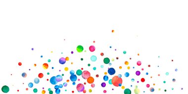 Beyaz arka planda suluboya konfeti. Canlı gökkuşağı renkli noktalar. Rengarenk parlak kartın kutlu olsun. Zarif el boyaması konfeti..