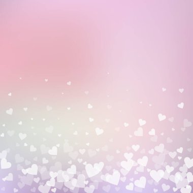 Beyaz kalp konfetileri sever. Sevgililer Günü gradyanı hoş bir geçmiş. Gradyan arka planda şeffaf kalp konfetileri düşüyor. Şirin vektör illüstrasyonu.
