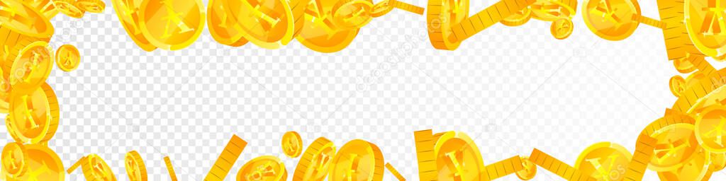 Chinese yuan coins falling. Comely scattered CNY coins. China money. Divine jackpot, wealth or success concept. Vector illustration.
