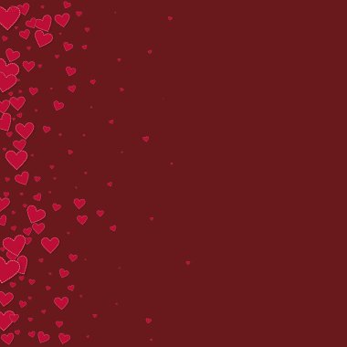 Kırmızı kalp konfetileri sever. Sevgililer günü gradyanı muhteşem. Dökülen kağıt kalpler, kestane rengi arka planda konfeti. Olağanüstü vektör illüstrasyonu.