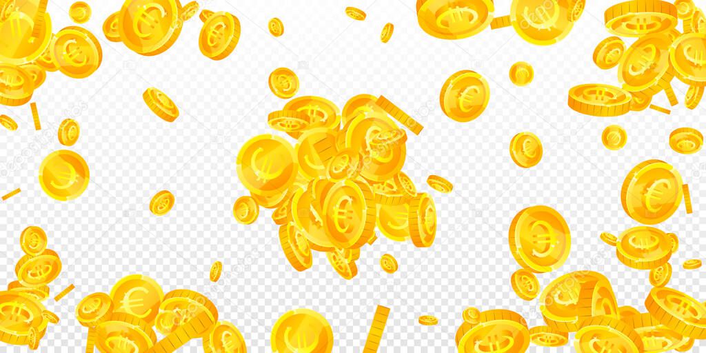 European Union Euro coins falling. Good-looking scattered EUR coins. Europe money. Eminent jackpot, wealth or success concept. Vector illustration.