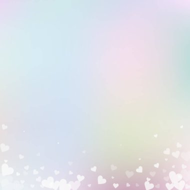 Beyaz kalp konfetileri sever. Sevgililer Günü gradyanı ilginç bir geçmiş. Hassas arka planda şeffaf kalp konfetileri. Enfes vektör çizimi.