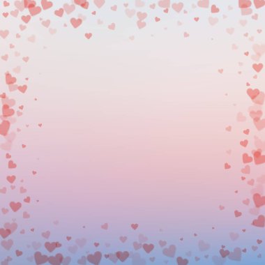 Kırmızı kalp konfetileri sever. Sevgililer Günü arkaplan görüntüsü. Gradyan arka planda şeffaf kalp konfetileri düşüyor. Büyüleyici vektör çizimi.