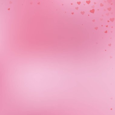 Kırmızı kalp konfetileri sever. Sevgililer günü köşesi pozitif arka plan. Düşen şeffaf kalp konfetileri göze çarpmıyor. Hoş vektör illüstrasyonu.