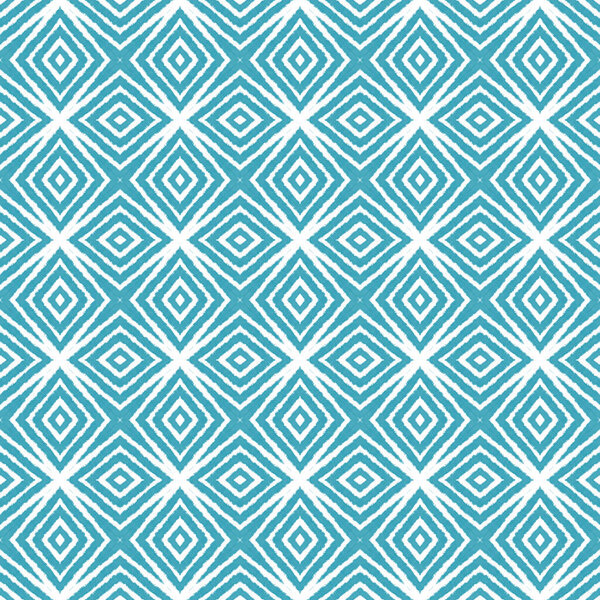 Ikat repeating swimwear design. Turquoise symmetrical kaleidoscope background. Summer ikat sweamwear pattern. Textile ready trending print, swimwear fabric, wallpaper, wrapping.