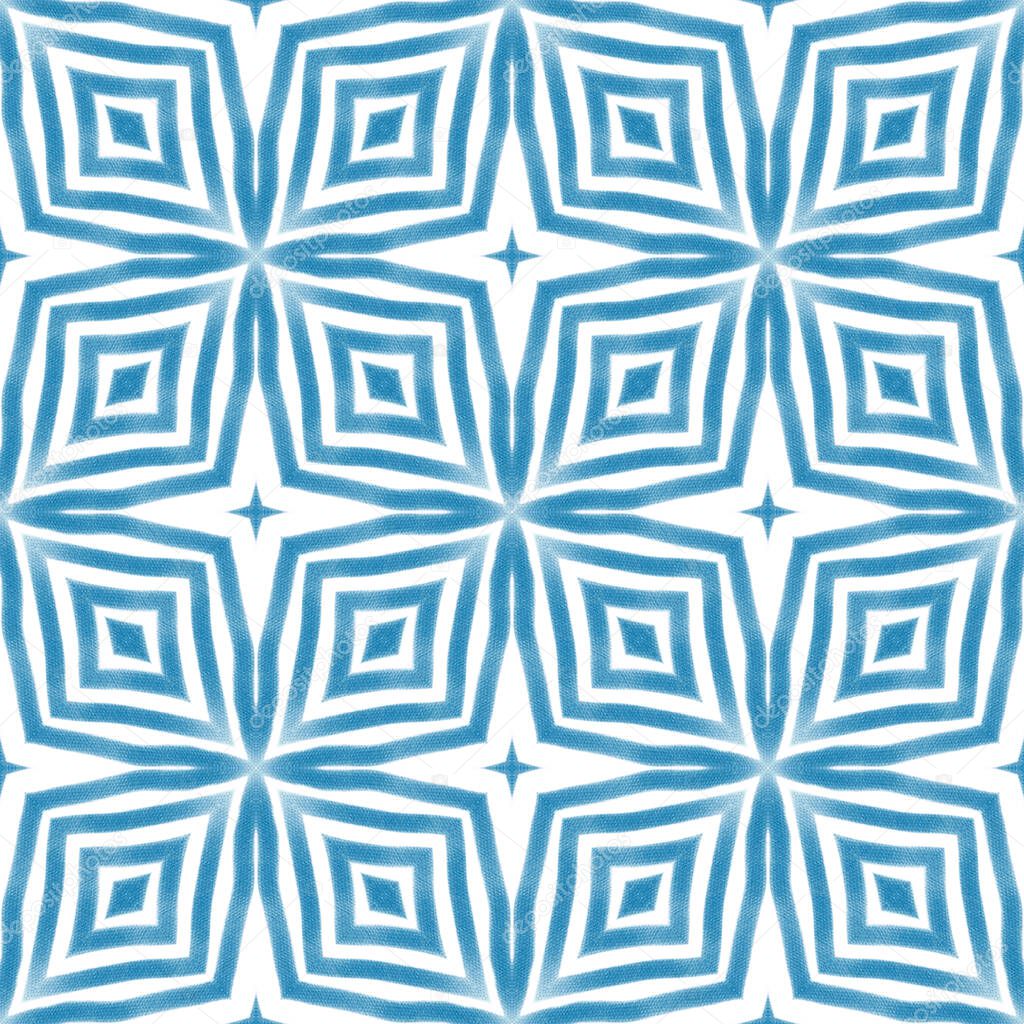 Ikat repeating swimwear design. Blue symmetrical kaleidoscope background. Textile ready ravishing print, swimwear fabric, wallpaper, wrapping. Summer ikat sweamwear pattern.