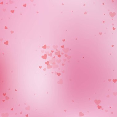 Kırmızı kalp konfetileri sever. Sevgililer Günü patlaması modern arka plan. Renk geçiş geçmişinde şeffaf kalp konfetileri düşüyor. Klas vektör illüstrasyonu.