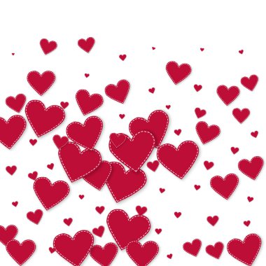 Kırmızı kalp konfetileri sever. Sevgililer Günü gradyanı olağanüstü. Beyaz arka planda dikişli kağıt kalpler konfetisi. Şirin vektör illüstrasyonu.