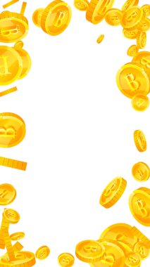 Bitcoin, internet para birimleri düşüyor. Sanatsal olarak dağınık BTC paraları. Kripto para, dijital para. Enfes bir ikramiye, servet ya da başarı konsepti. Vektör illüstrasyonu.