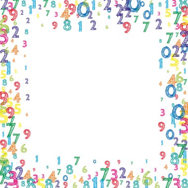 Renkli ve düzenli sayılar düşüyor. Uçan parmaklarla matematik çalışma konsepti. Beyaz arkaplandaki matematik afişini merak ediyorum. Düşen sayılar vektör illüstrasyonu.
