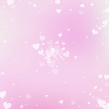 Beyaz kalp konfetileri sever. Sevgililer Günü patlaması ezici bir arka plan. Gradyan arka planda şeffaf kalp konfetileri düşüyor. Klas vektör illüstrasyonu.