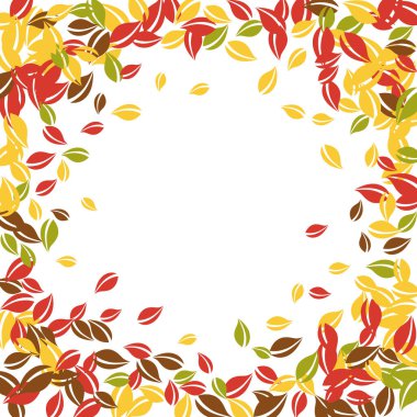 Sonbahar yaprakları dökülüyor. Kırmızı, sarı, yeşil, kaotik yapraklar uçuşuyor. Açık beyaz arka planda renkli bir yaprak. Okul satışına geri dönmek harika..