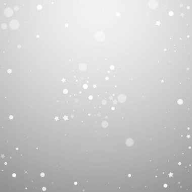Sihirli yıldızlar rastgele Noel arkaplanı. İnce uçan kar taneleri ve açık gri arka plandaki yıldızlar. Gerçek kış gümüşü kar tanesi şablonu örtüyor. Etkileyici vektör illüstrasyonu.
