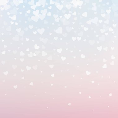 Beyaz kalp konfetileri sever. Sevgililer Günü gradyan sanatsal geçmişi. Gradyan arka planda şeffaf kalp konfetileri düşüyor. Enfes vektör çizimi.