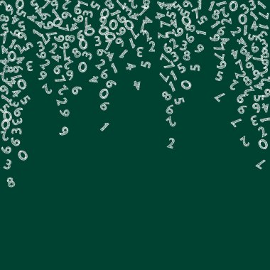 Elle çizilmiş tebeşir sayıları düşüyor. Uçan parmaklarla matematik çalışma konsepti. Tahta arka planda okul matematik afişi var. Düşen sayılar vektör illüstrasyonu.