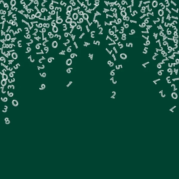 Elle çizilmiş tebeşir sayıları düşüyor. Uçan parmaklarla matematik çalışma konsepti. Tahta arka planda okul matematik afişi var. Düşen sayılar vektör illüstrasyonu.