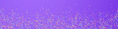 Şenlikli mükemmel konfeti. Kutlama yıldızları. Mor arka planda küçük renkli yıldızlar. Çok güzel bir şablon. Panoramik vektör arkaplanı.