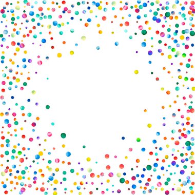 Beyaz arka planda suluboya konfeti. Takdire şayan gökkuşağı renkli noktalar. Mutlu kare renkli parlak kartlar. Görkemli el boyaması konfeti..